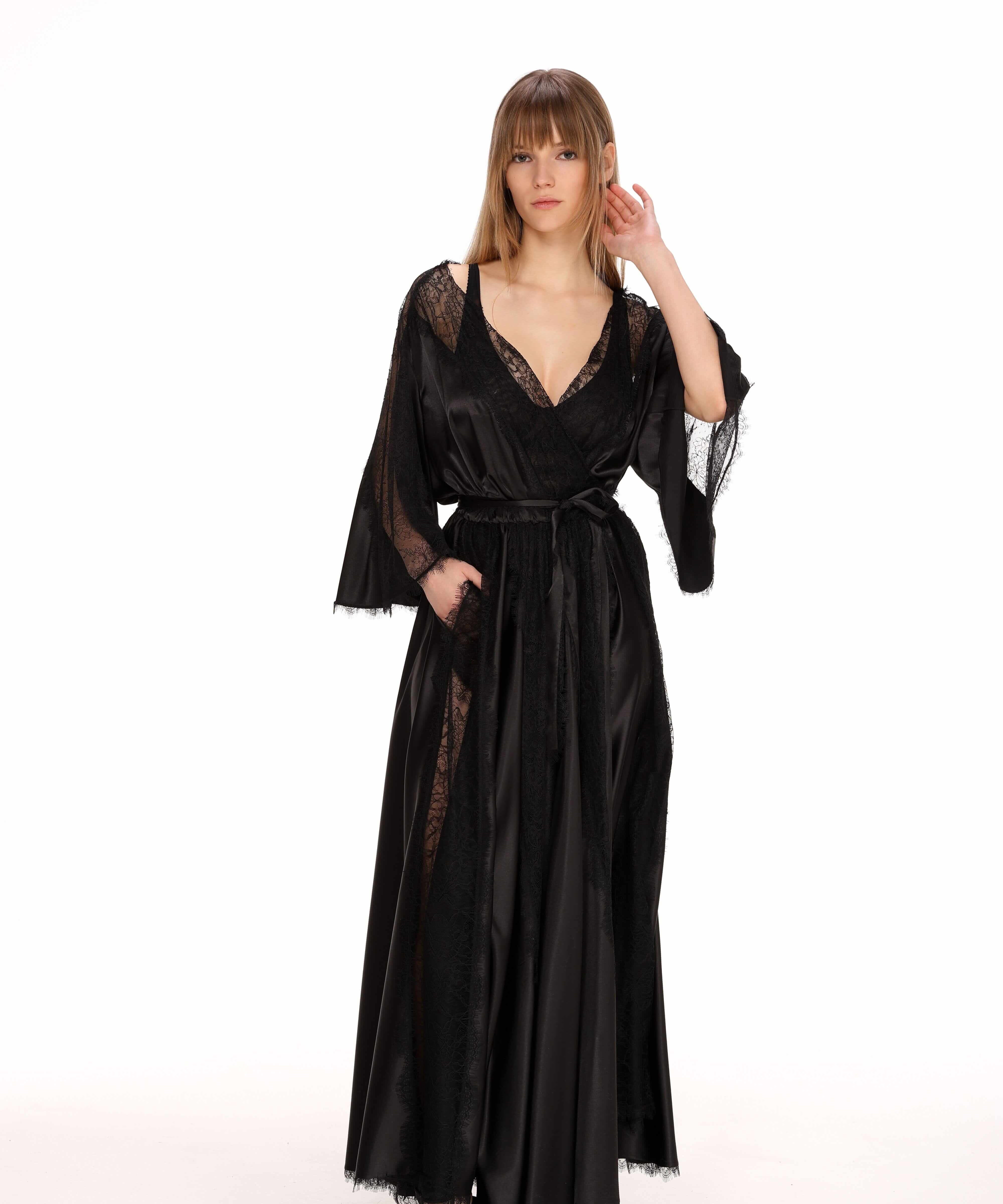  Lace Detail Satin Wrap Dress Product Amoralle