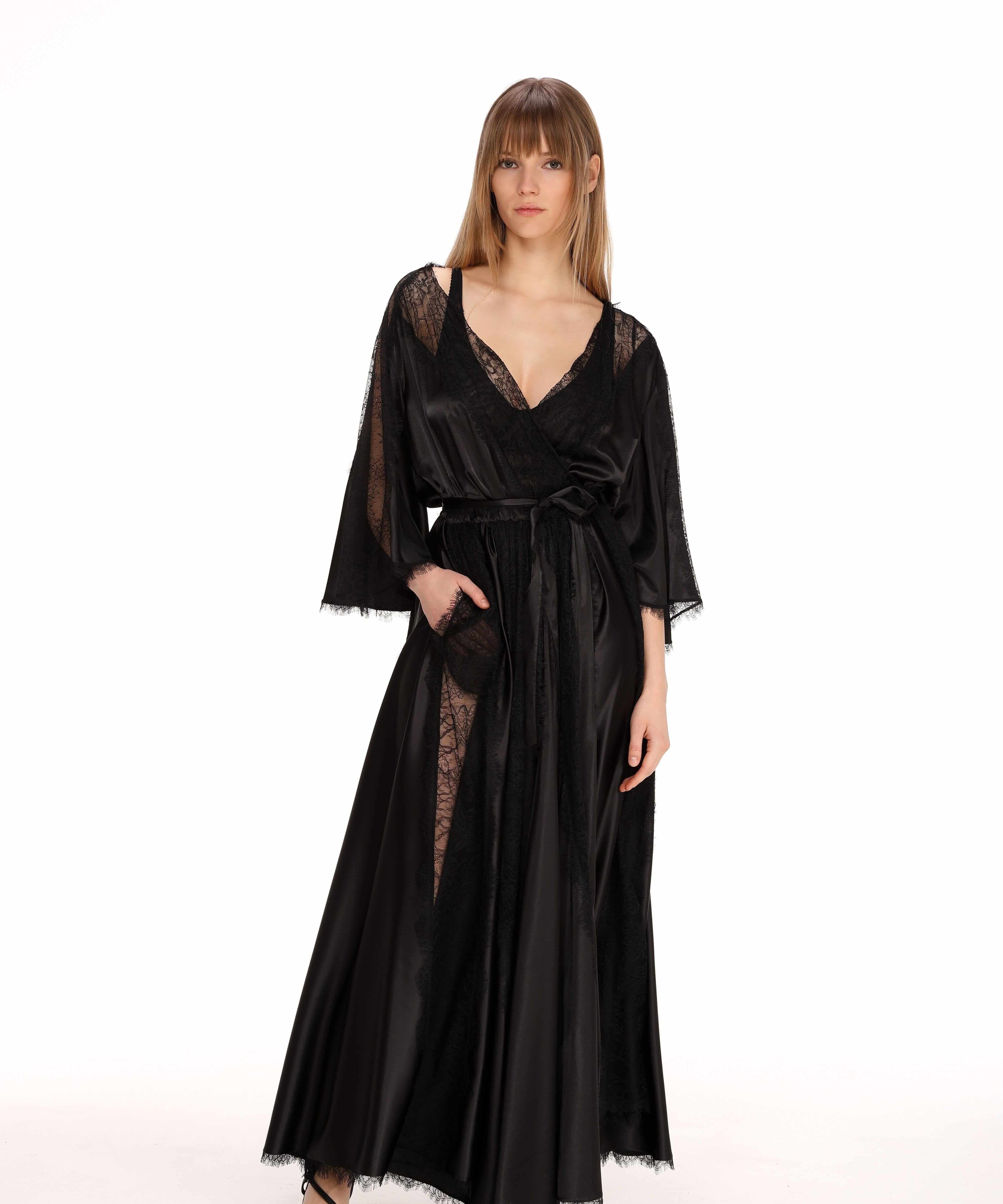  Lace Detail Satin Wrap Dress Product Amoralle